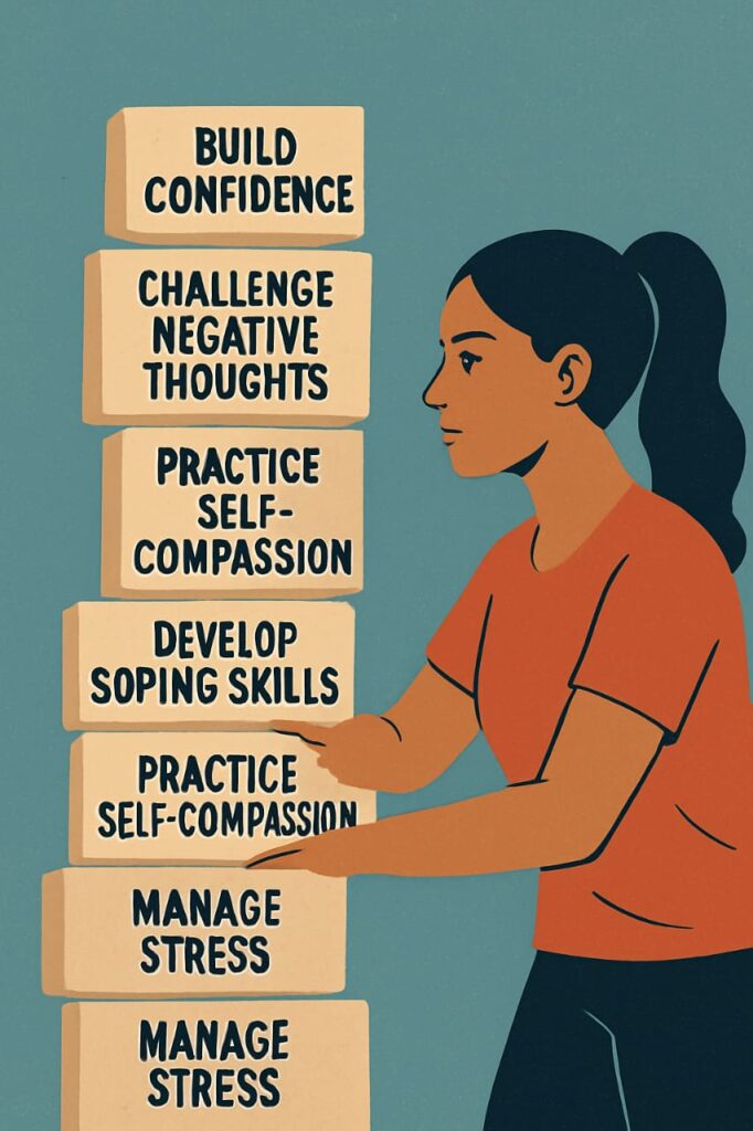 Teen girl stacking emotional strength habits like self-compassion, coping skills, and stress management